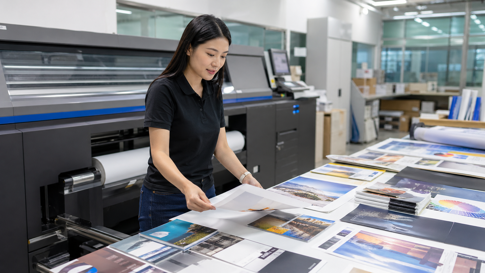 Woman in a black polo shirt sorts and inspects large sheets of printed materials at a wide-format printer in a printing shop.