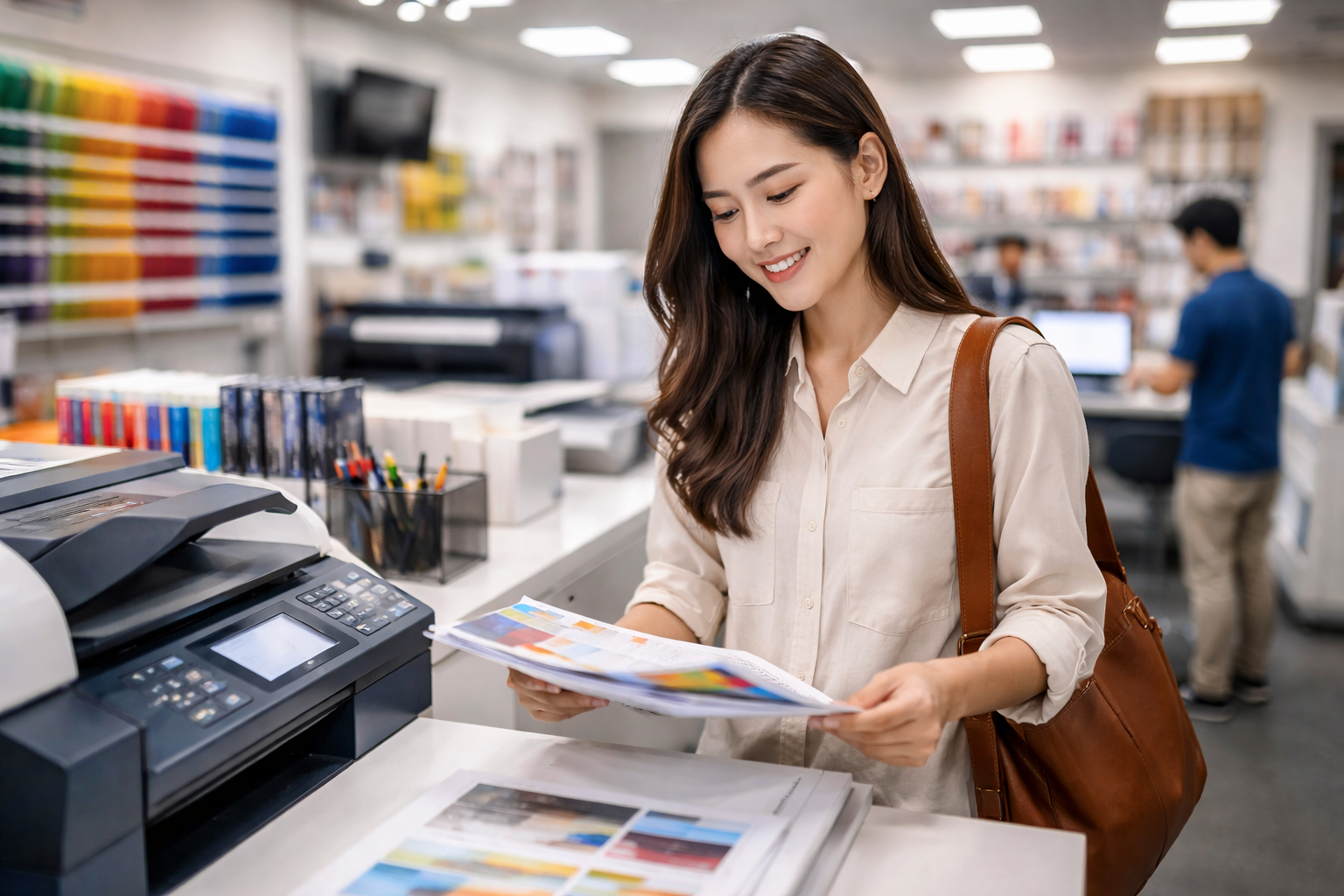 Woman at a print shop examines colorful printed materials, standing by a copier with color swatches and office supplies nearby.
